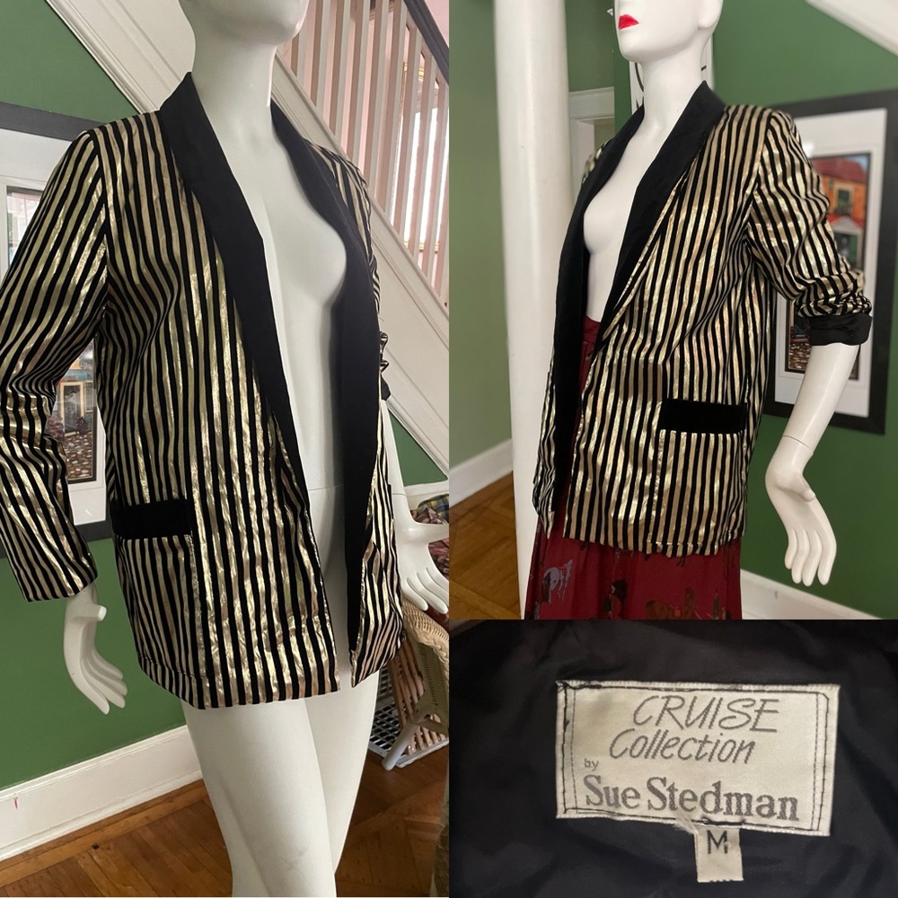Vintage striped gold lame’ & black velvet designer blazer dinner jacket M